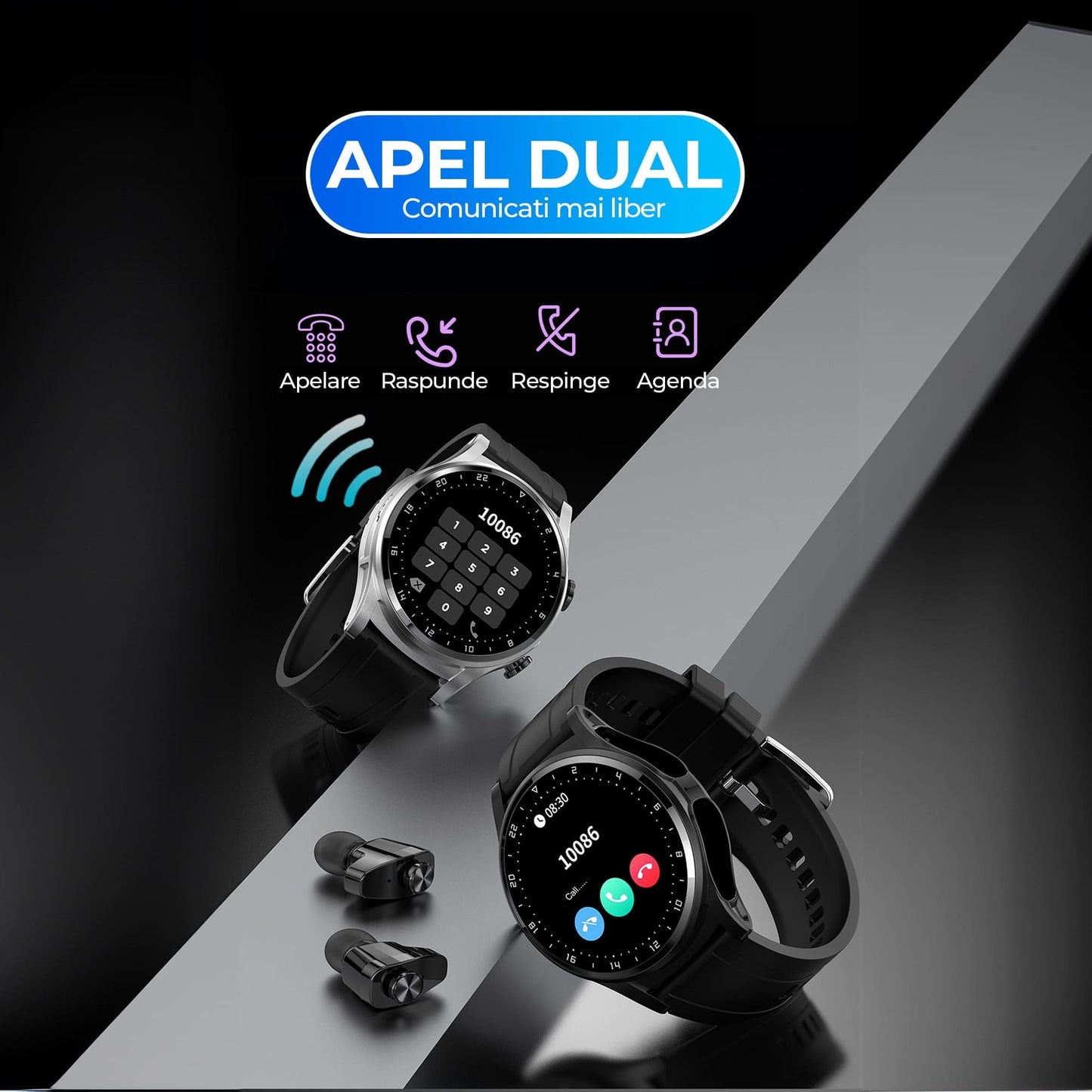 Ceas smartwatch cu casti bluetooth incorporate, monitorizare activitati fizice