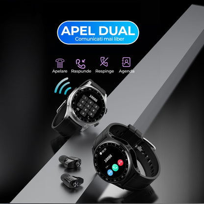 Ceas smartwatch cu casti bluetooth incorporate, monitorizare activitati fizice