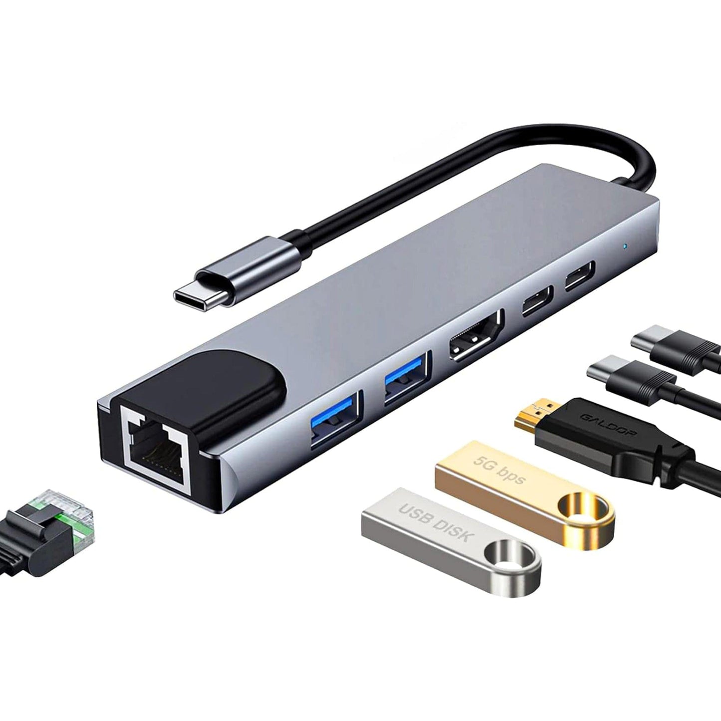 Hub USB 6 in 1 Timebox, 2 x Type-C, 1 x Ethernet, 1 x USB 3, 1 x USB 2, Argintiu