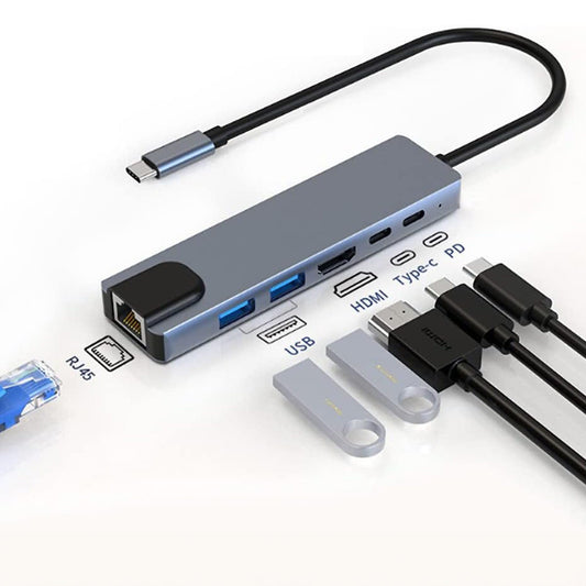 Hub USB 6 in 1 Timebox, 2 x Type-C, 1 x Ethernet, 1 x USB 3, 1 x USB 2, Argintiu