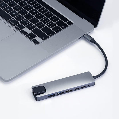 Hub USB 6 in 1 Timebox, 2 x Type-C, 1 x Ethernet, 1 x USB 3, 1 x USB 2, Argintiu