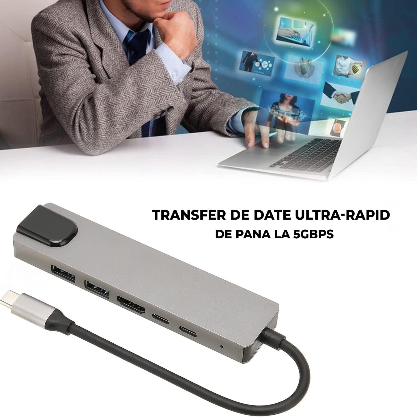 Hub USB 6 in 1 Timebox, 2 x Type-C, 1 x Ethernet, 1 x USB 3, 1 x USB 2, Argintiu