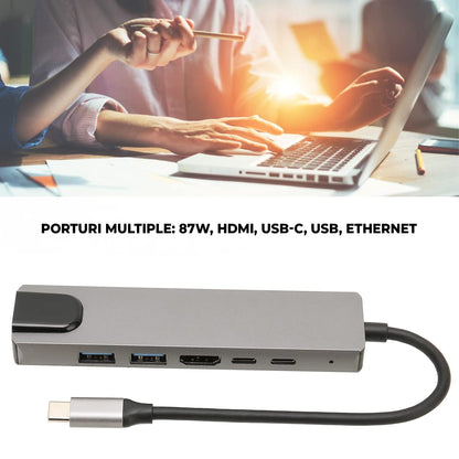 Hub USB 6 in 1 Timebox, 2 x Type-C, 1 x Ethernet, 1 x USB 3, 1 x USB 2, Argintiu