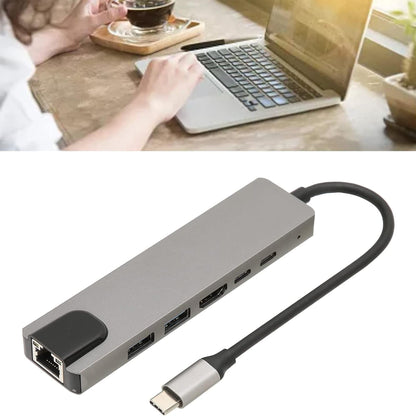 Hub USB 6 in 1 Timebox, 2 x Type-C, 1 x Ethernet, 1 x USB 3, 1 x USB 2, Argintiu