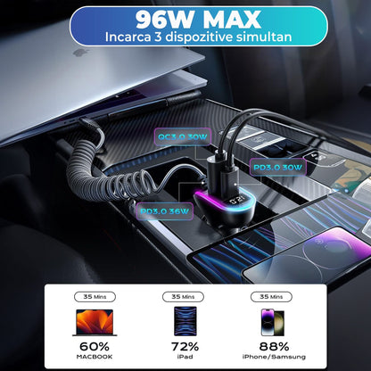 Incarcator auto 96W Super Fast Charge Timebox, 2 in 1, 1 x USB QC3, 1 x USB-C