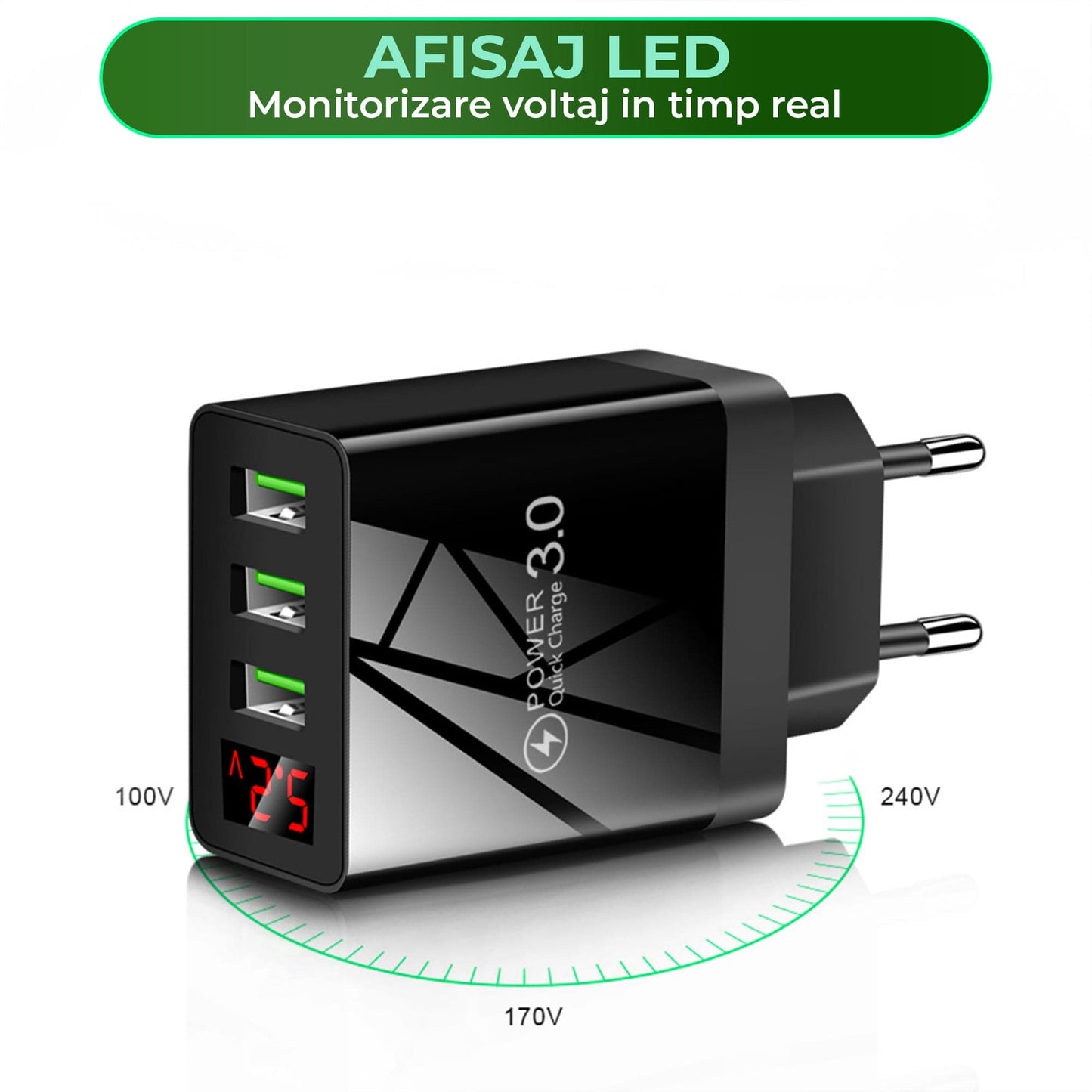 Incarcator Retea Timebox, 3 Porturi, 15W, 3 x USB, LED Voltaj, Negru
