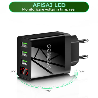 Incarcator Retea Timebox, 3 Porturi, 15W, 3 x USB, LED Voltaj, Negru