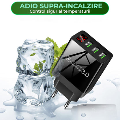 Incarcator Retea Timebox, 3 Porturi, 15W, 3 x USB, LED Voltaj, Negru