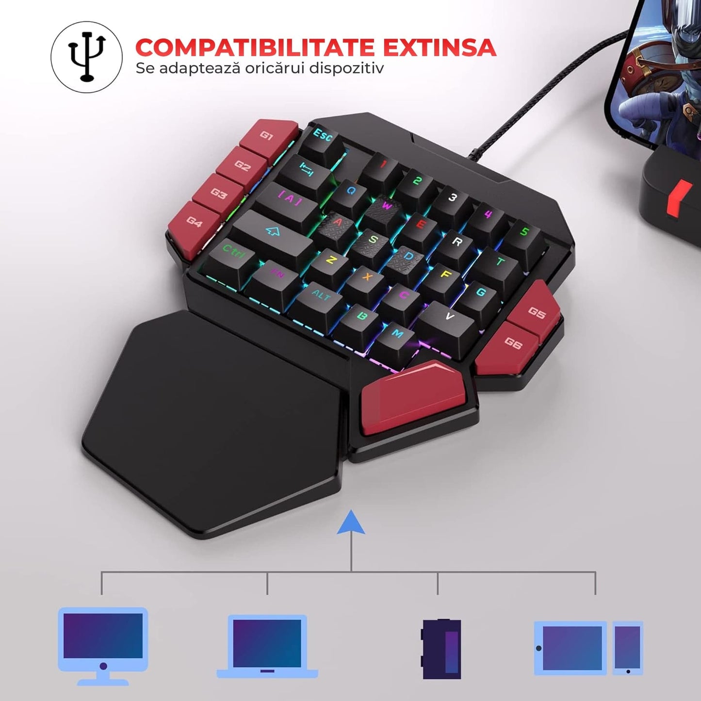 Tastatura Mecanica Gaming Timebox, Blue Switch, One Hand, iluminare RGB, Negru
