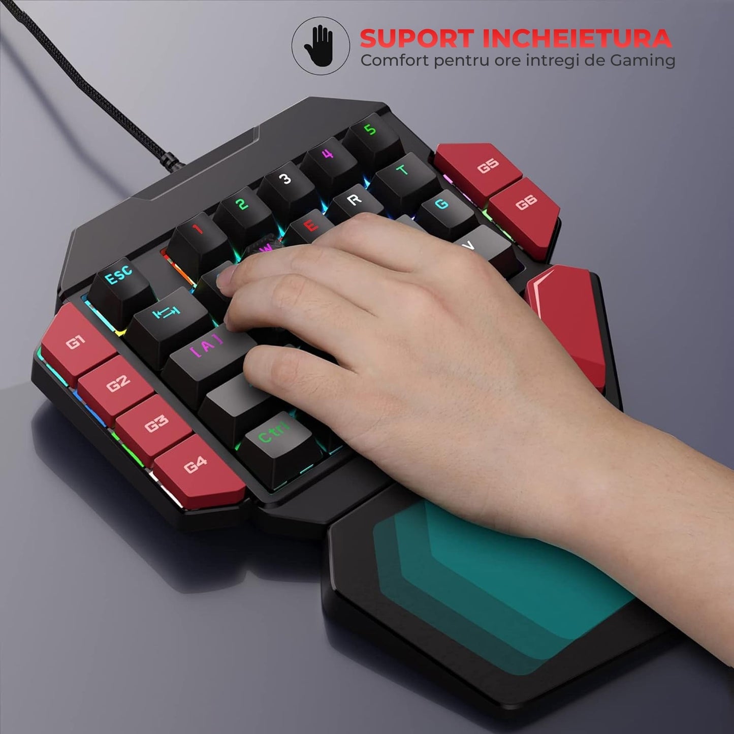 Tastatura Mecanica Gaming Timebox, Blue Switch, One Hand, iluminare RGB, Negru