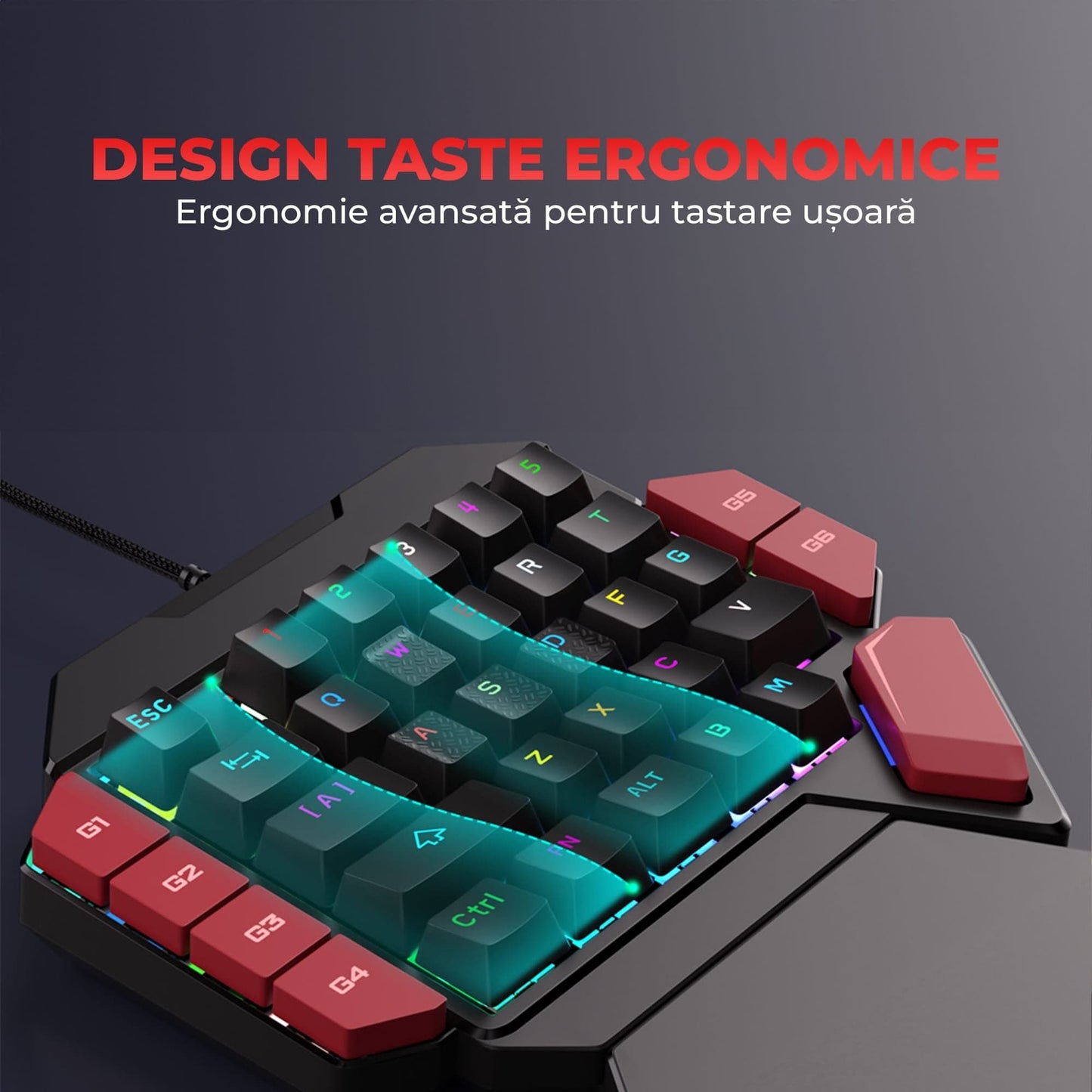 Tastatura Mecanica Gaming Timebox, Blue Switch, One Hand, iluminare RGB, Negru