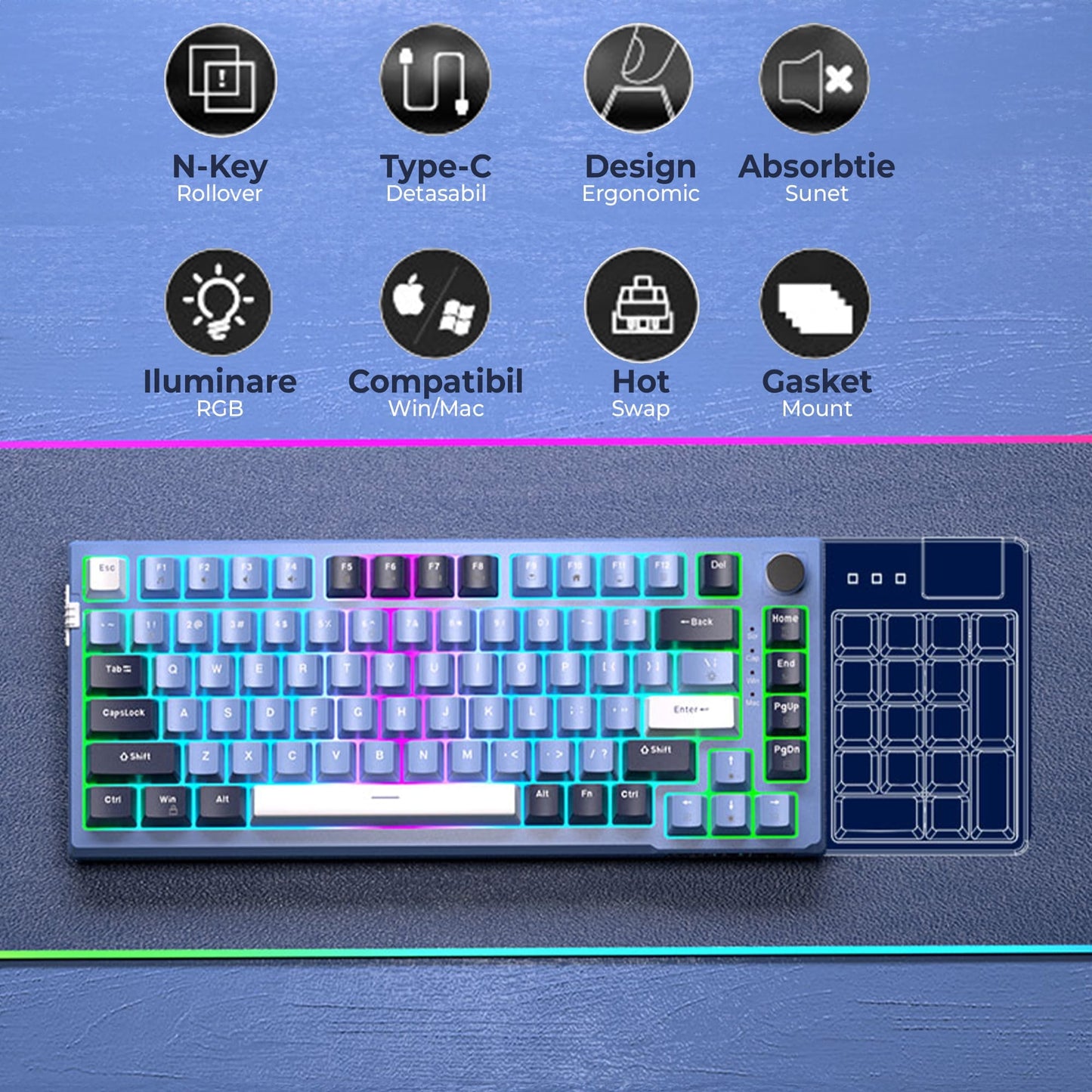Tastatura Mecanica Gaming Timebox, Blue Switch, 75%, Hot-Swap, TKL, Albastru