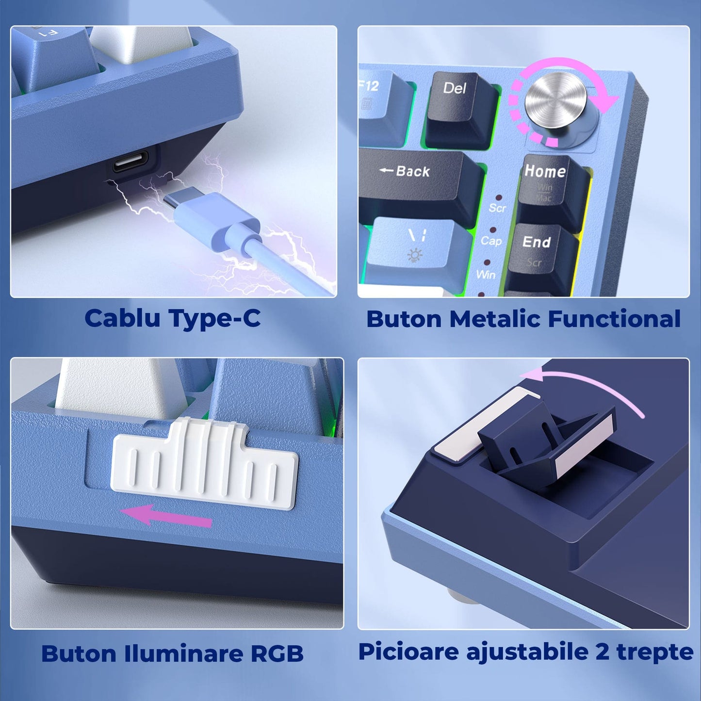 Tastatura Mecanica Gaming Timebox, Blue Switch, 75%, Hot-Swap, TKL, Albastru