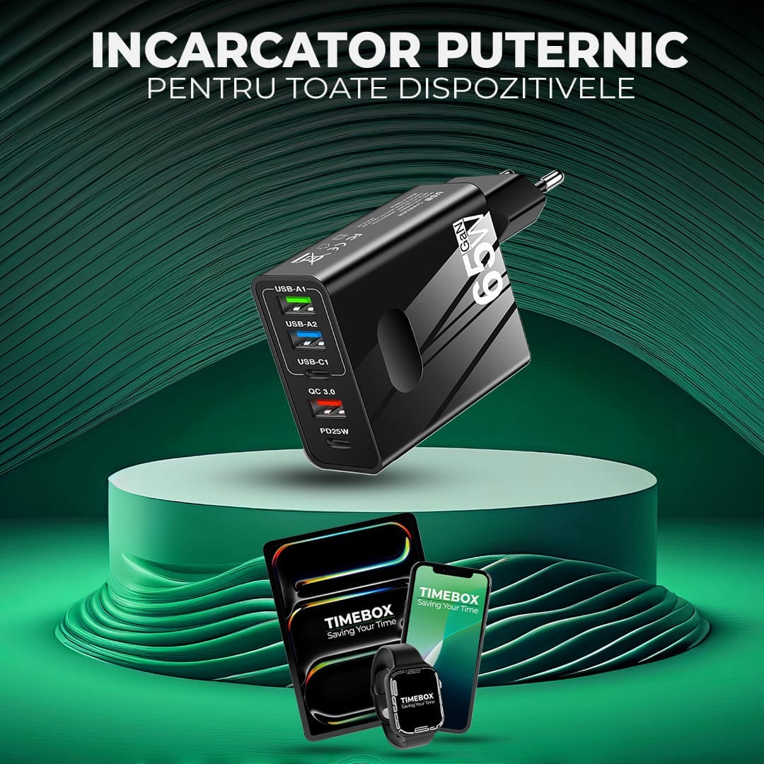 Incarcator Retea Timebox, 5 Porturi, 65W, 3 x USB, 2 x Type-C, QC 3, Negru