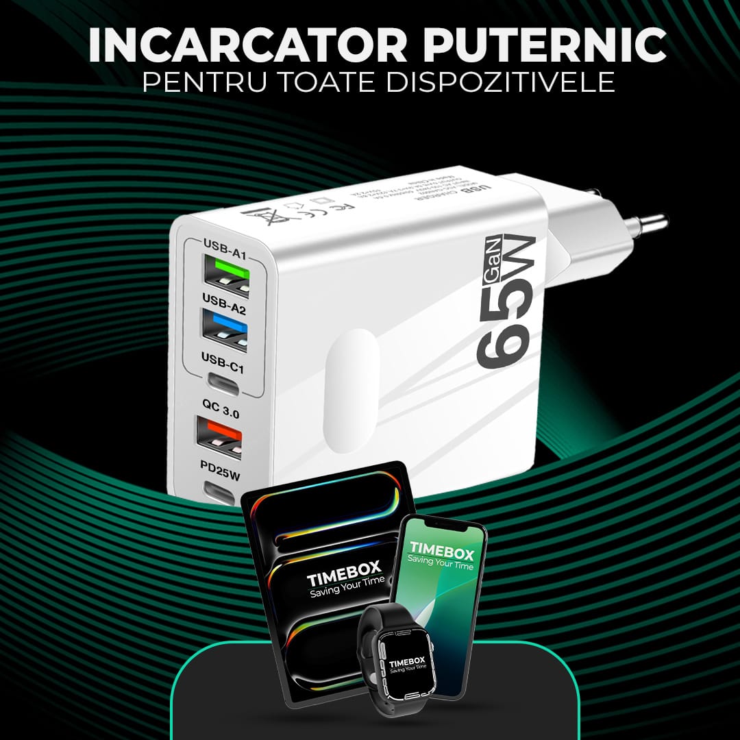 Incarcator Retea Timebox, 5 Porturi, 65W, 3 x USB, 2 x Type-C, QC 3, Alb