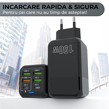 Incarcator Retea Timebox, 6 Porturi, 150W, 3 x USB, 3 x Type-C, LED, Negru
