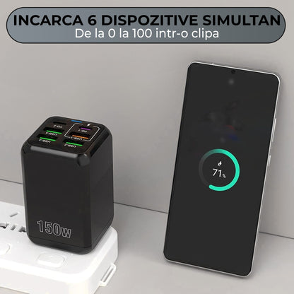 Incarcator Retea Timebox, 6 Porturi, 150W, 3 x USB, 3 x Type-C, LED, Negru