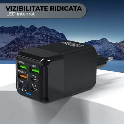 Incarcator Retea Timebox, 6 Porturi, 150W, 3 x USB, 3 x Type-C, LED, Negru