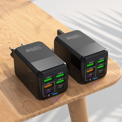 Incarcator Retea Timebox, 6 Porturi, 150W, 3 x USB, 3 x Type-C, LED, Negru
