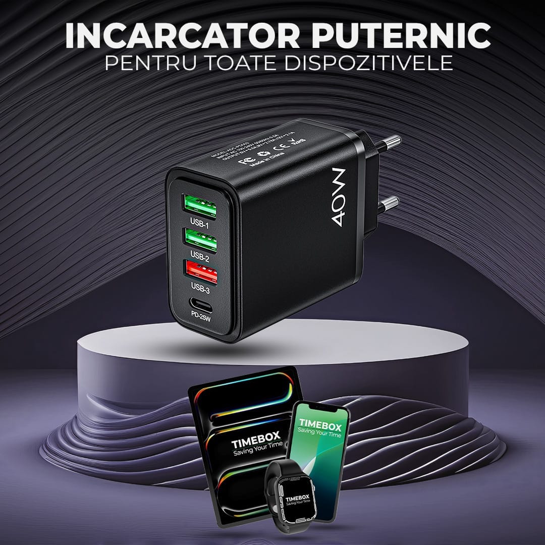 Incarcator Retea Timebox, 4 Porturi, 40W, 1 x Type-C, 3 x USB, Negru