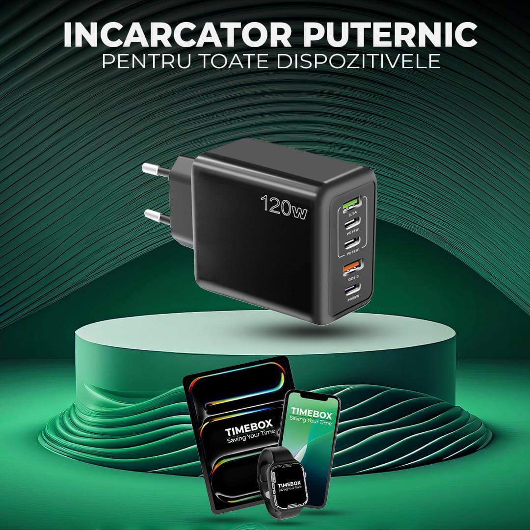 Incarcator Retea Timebox, 5 Porturi, 120W, 3 x Type-C, 2 x USB, Negru