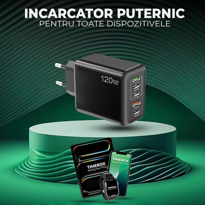 Incarcator Retea Timebox, 5 Porturi, 120W, 3 x Type-C, 2 x USB, Negru