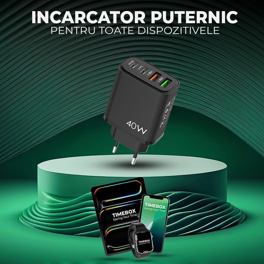 Incarcator Retea Timebox, 4 Porturi, 40W, 2 x Type-C, 2 x USB, Negru