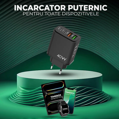 Incarcator Retea Timebox, 4 Porturi, 40W, 2 x Type-C, 2 x USB, Negru