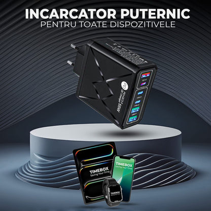 Incarcator Retea Timebox, 6 Porturi, 55W, 3 x Type-C, 2 x USB, 1 x Q, C 3, Negru