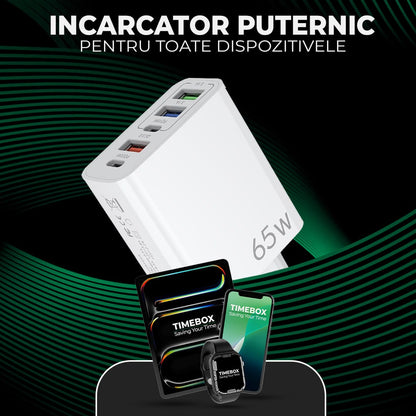 Incarcator Retea, Lightning la USB-C, 65W, 5 Porturi, 3 x USB, 2 x Type-C, Alb