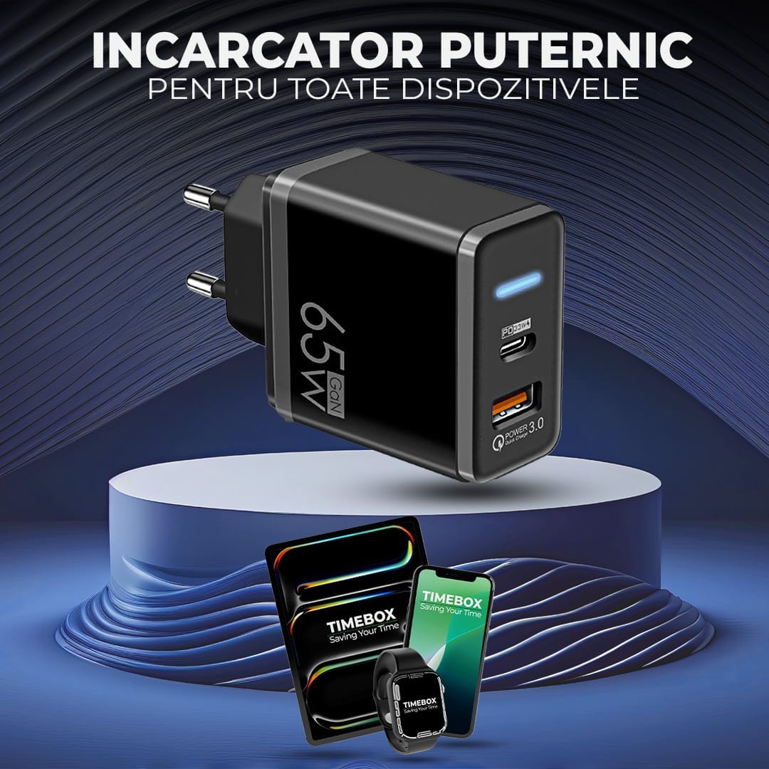 Incarcator Retea Timebox, 2 Porturi, 65W, 1 x Type-C, 1 x Q, C 3, LED, Negru