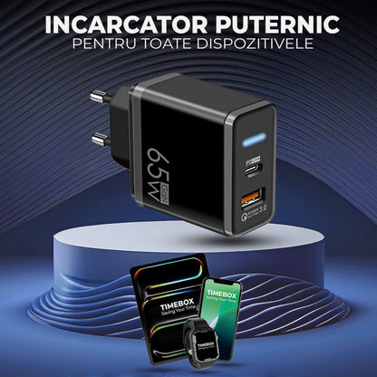 Incarcator Retea Timebox, 2 Porturi, 65W, 1 x Type-C, 1 x Q, C 3, LED, Negru