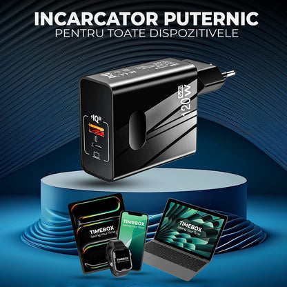 Incarcator Retea Timebox, 2 Porturi, 120W, 1 x Type-C, 1 x USB , C 3, Negru
