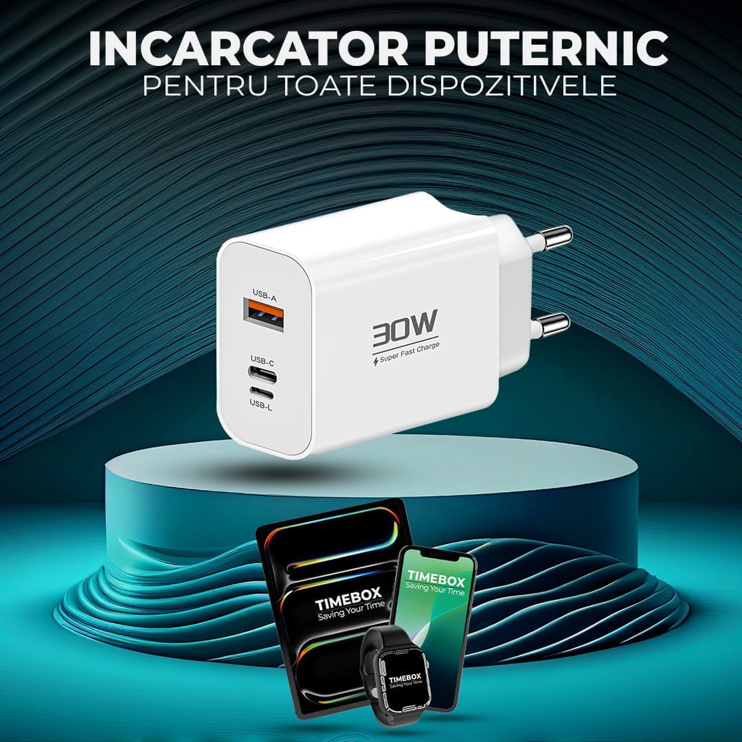 Incarcator Retea Timebox, 3 Porturi, 30W, 1 x Type-C, 1 x USB, Alb
