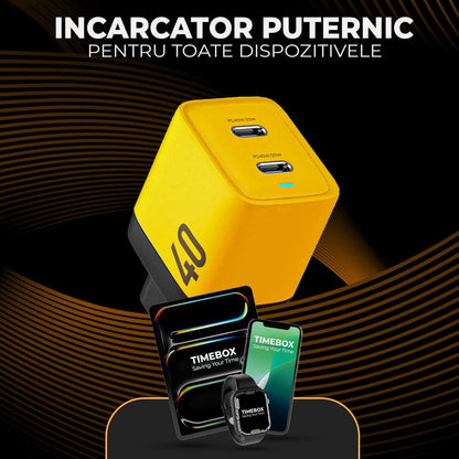 Incarcator Retea Timebox, 2 Porturi, 40W, 2 x Type-C, LED, Galben