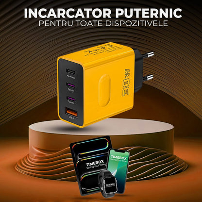 Incarcator Retea Timebox, 4 Porturi, 38W, 3 x Type-C, 1 x USB, Galben