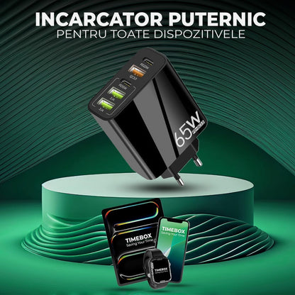 Incarcator Retea, 65W, 5 Porturi, 3 x USB, 2 x Type-C, Negru