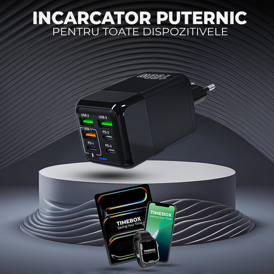Incarcator Retea Timebox, 6 Porturi, 150W, 3 x USB, 3 x Type-C, LED, Negru