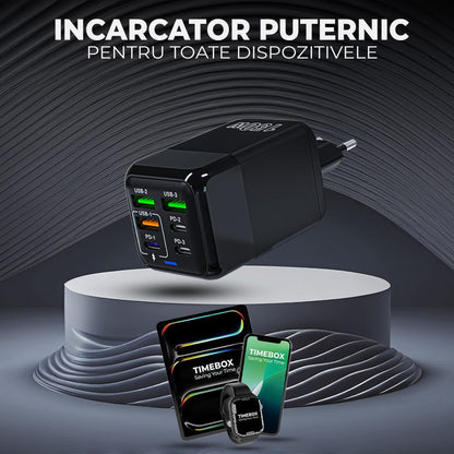 Incarcator Retea Timebox, 6 Porturi, 150W, 3 x USB, 3 x Type-C, LED, Negru