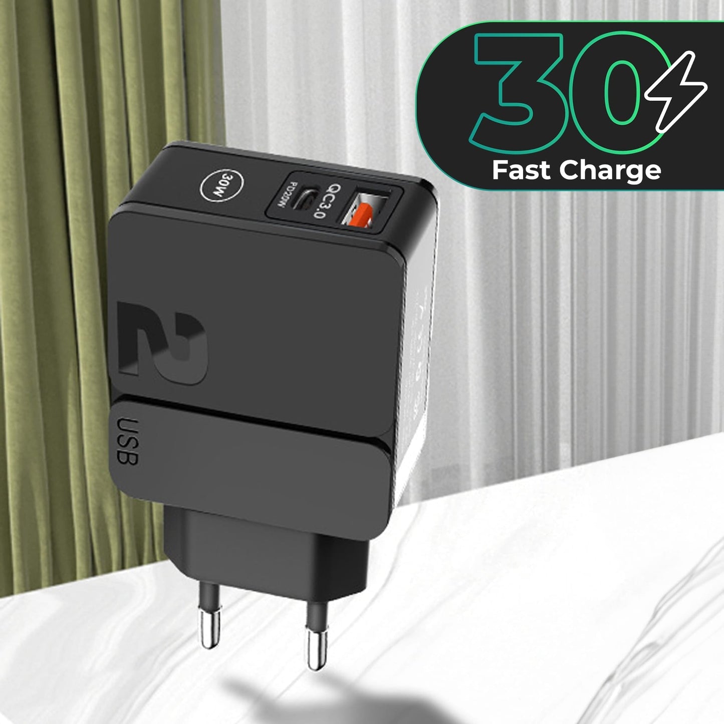Incarcator Retea Timebox, 2 Porturi, 30W, 1 x USB , 1 x Type-C, C 3, Negru