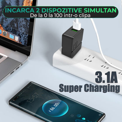 Incarcator Retea Timebox, 2 Porturi, 30W, 1 x USB , 1 x Type-C, C 3, Negru