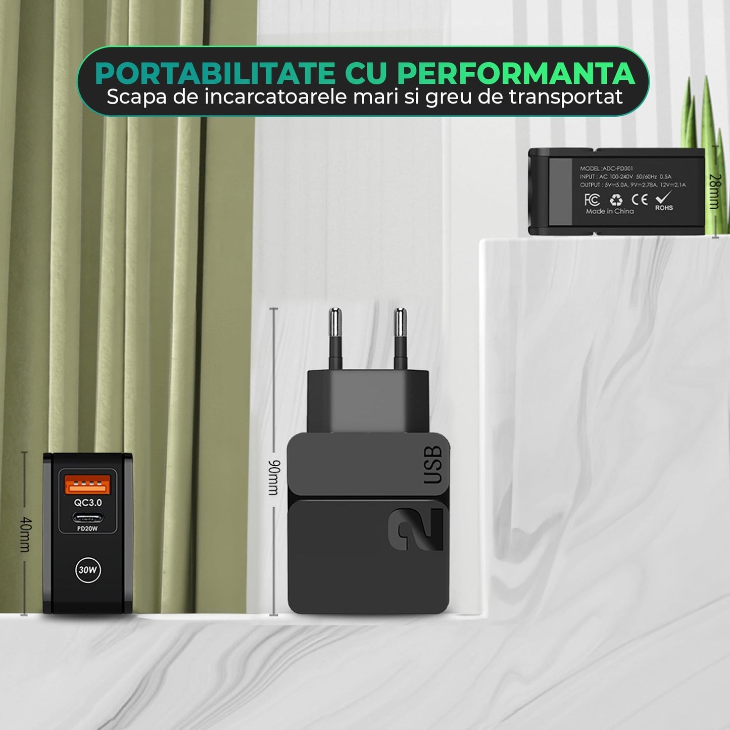 Incarcator Retea Timebox, 2 Porturi, 30W, 1 x USB , 1 x Type-C, C 3, Negru
