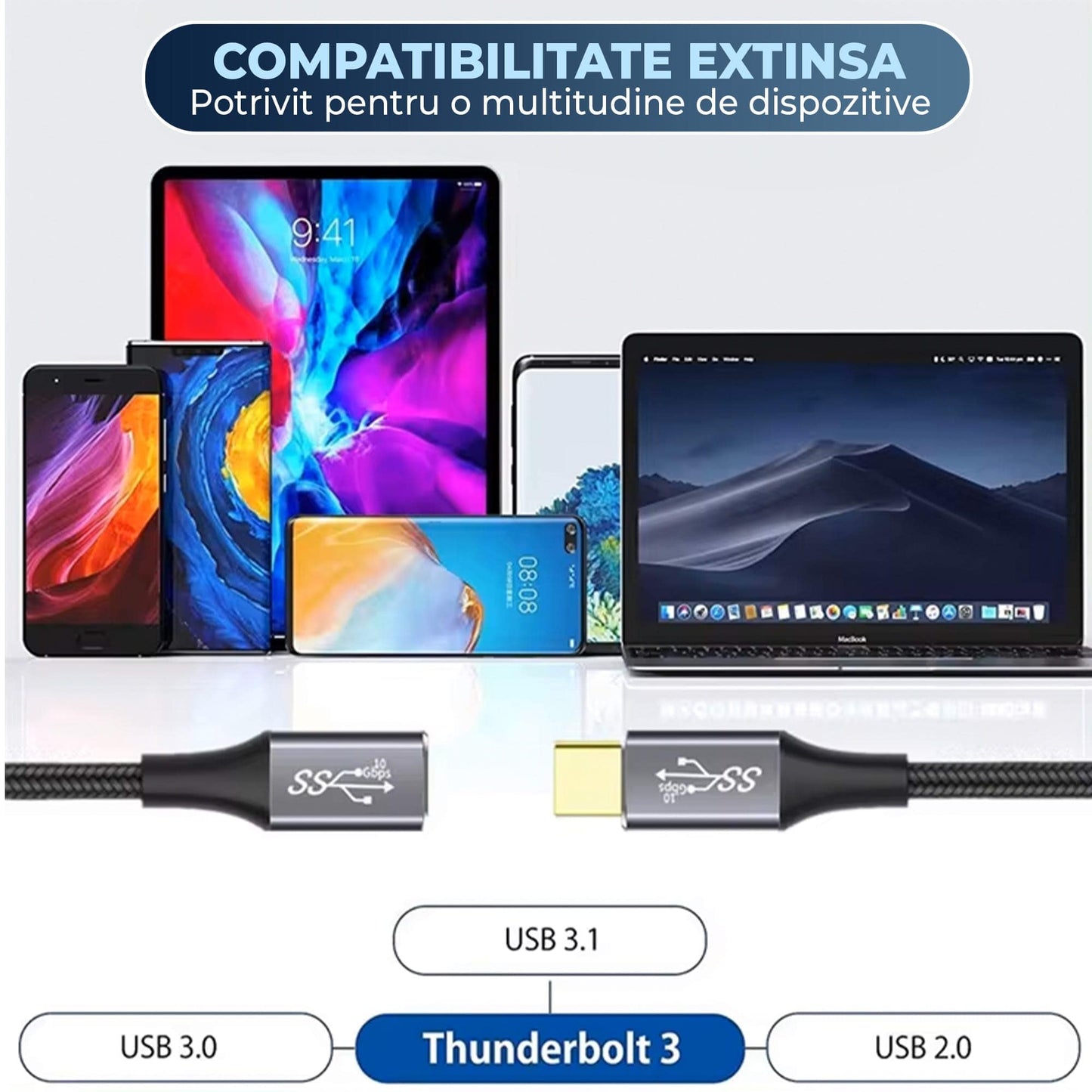 Cablu de date si Incarcare Rapida Timebox, 100W, 2m, Prelungire USB 3, 10Gbps