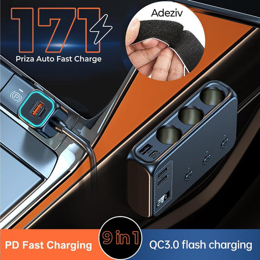 Adaptor priza Timebox, 171W, 4 x USB, 2 x USB-C, 9 in 1, 3 x soclu auto, Negru
