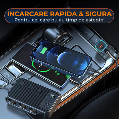 Adaptor priza Timebox, 171W, 4 x USB, 2 x USB-C, 9 in 1, 3 x soclu auto, Negru