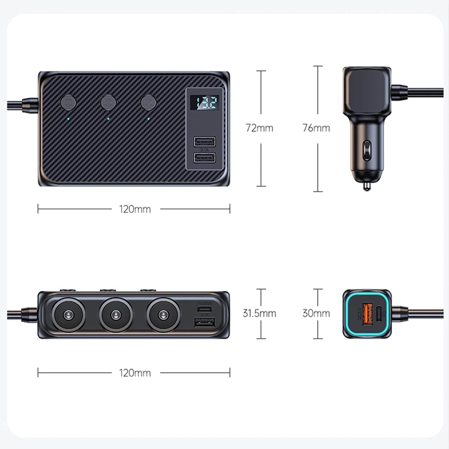 Adaptor priza Timebox, 171W, 4 x USB, 2 x USB-C, 9 in 1, 3 x soclu auto, Negru