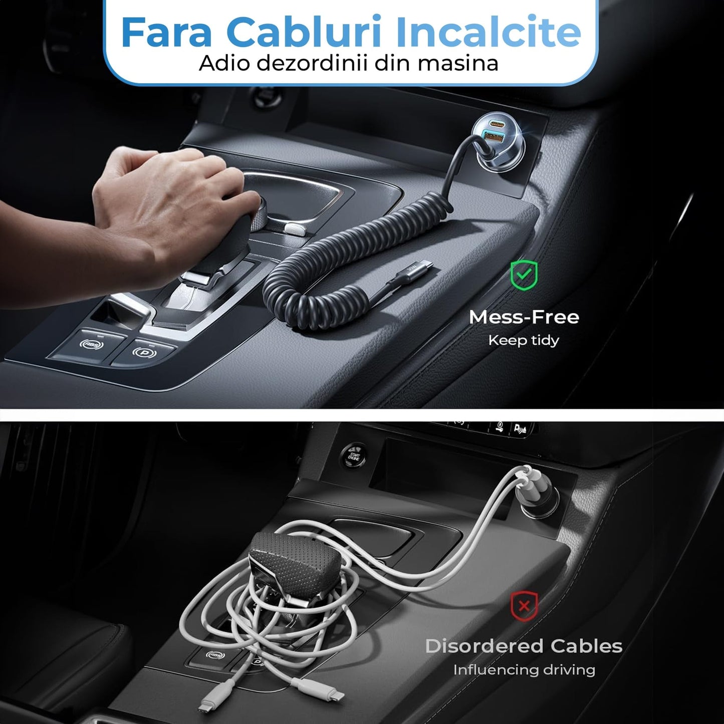 Incarcator auto Timebox, 65W, 1 x USB QC 3, 1 x USB-C, Negru