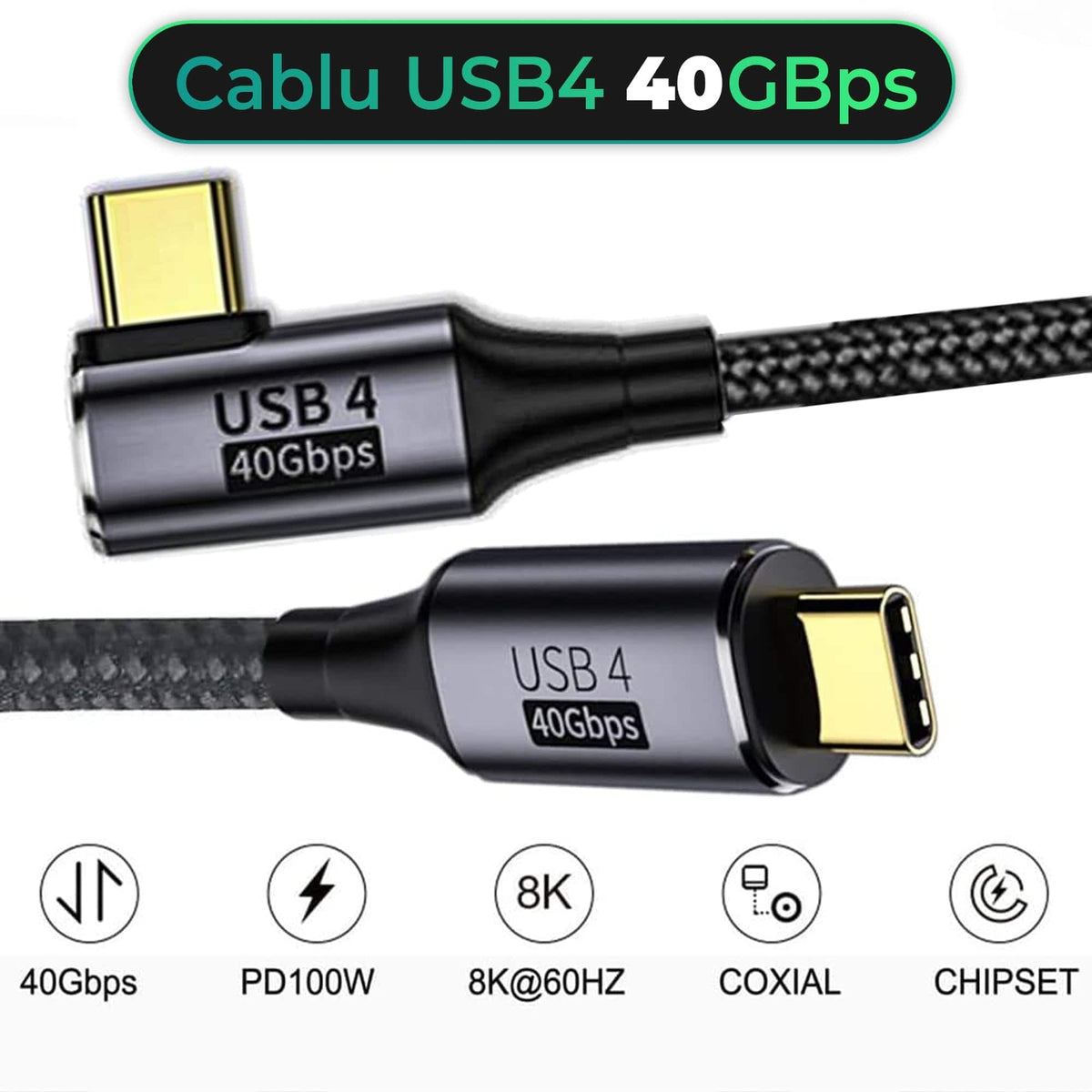 Cablu de date si Incarcare Rapida Timebox, Type-C la Type-C, 100W, 1,2m, USB4