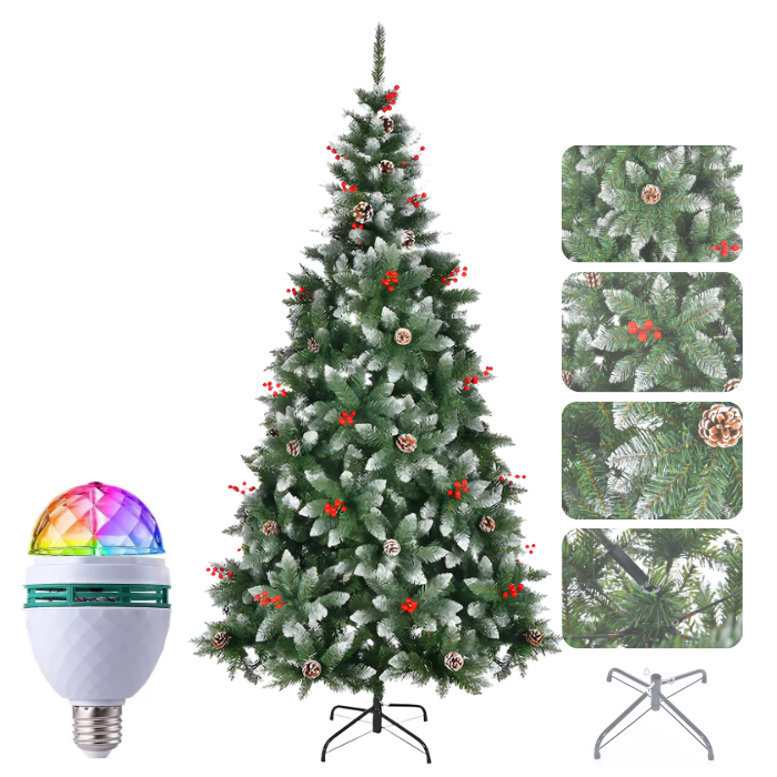 Brad Artificial de Crăciun 1.8m cu Nisip Alb, Conuri, Bace Roșii și Suport Metalic + Bec RGB Rotativ Cadou
