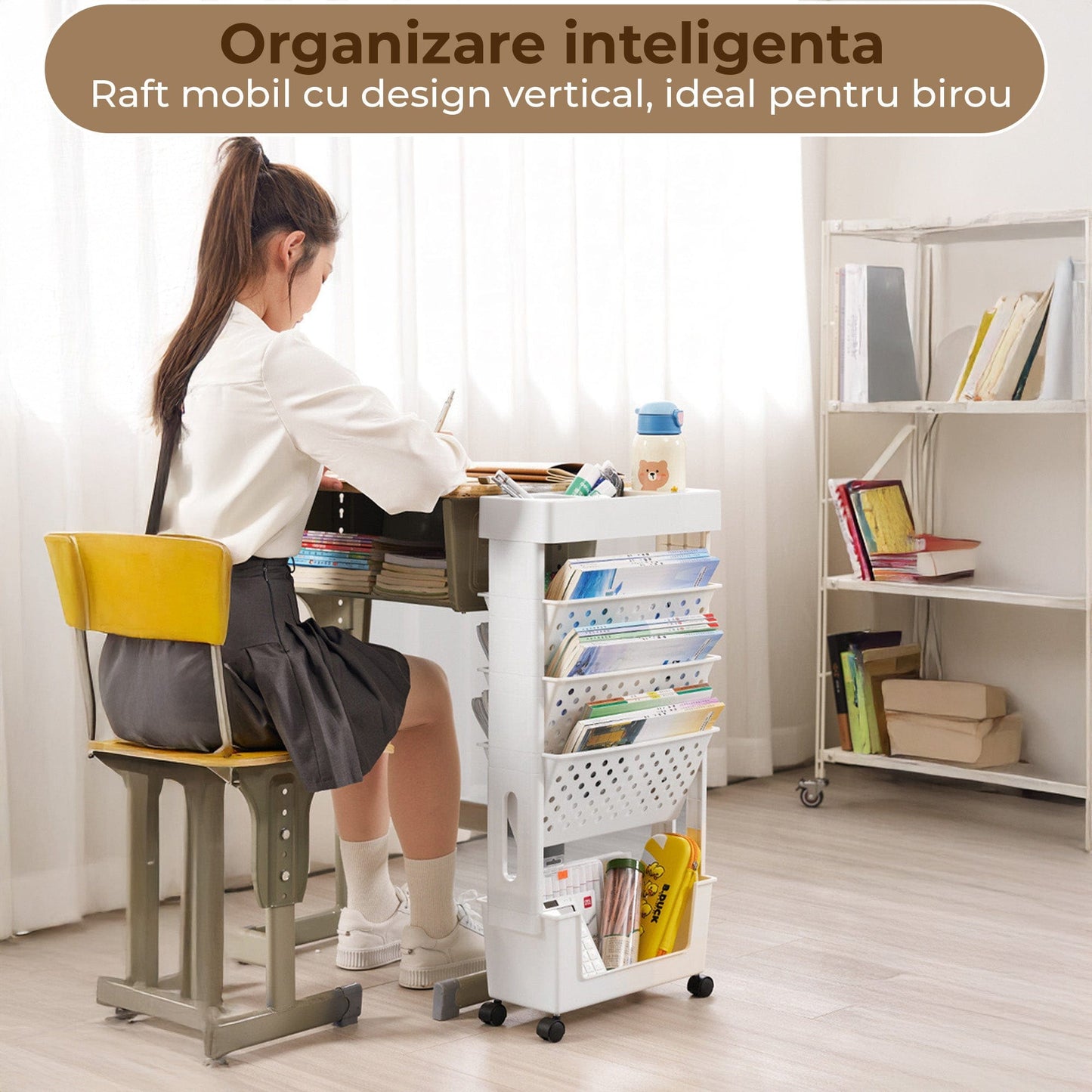 Etajera Multifunctionala cu 5 Rafturi pe Roti, Birou, Clasa sau Dormitor, Gri